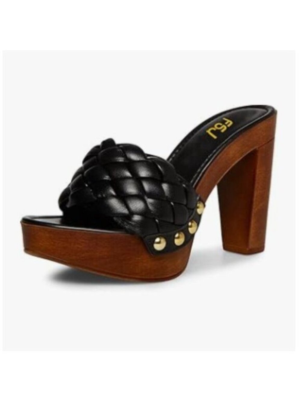 FSJ Black Braided Open Toe Chunky High Heel Sandal Woven Slip On Platform Mule
